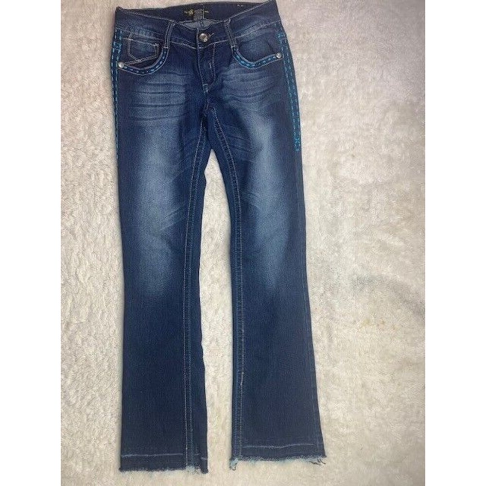Southpole Size 5 Womens Jeans Raw Hem Bling Stretch Low Rise Bootcut Dark Wash